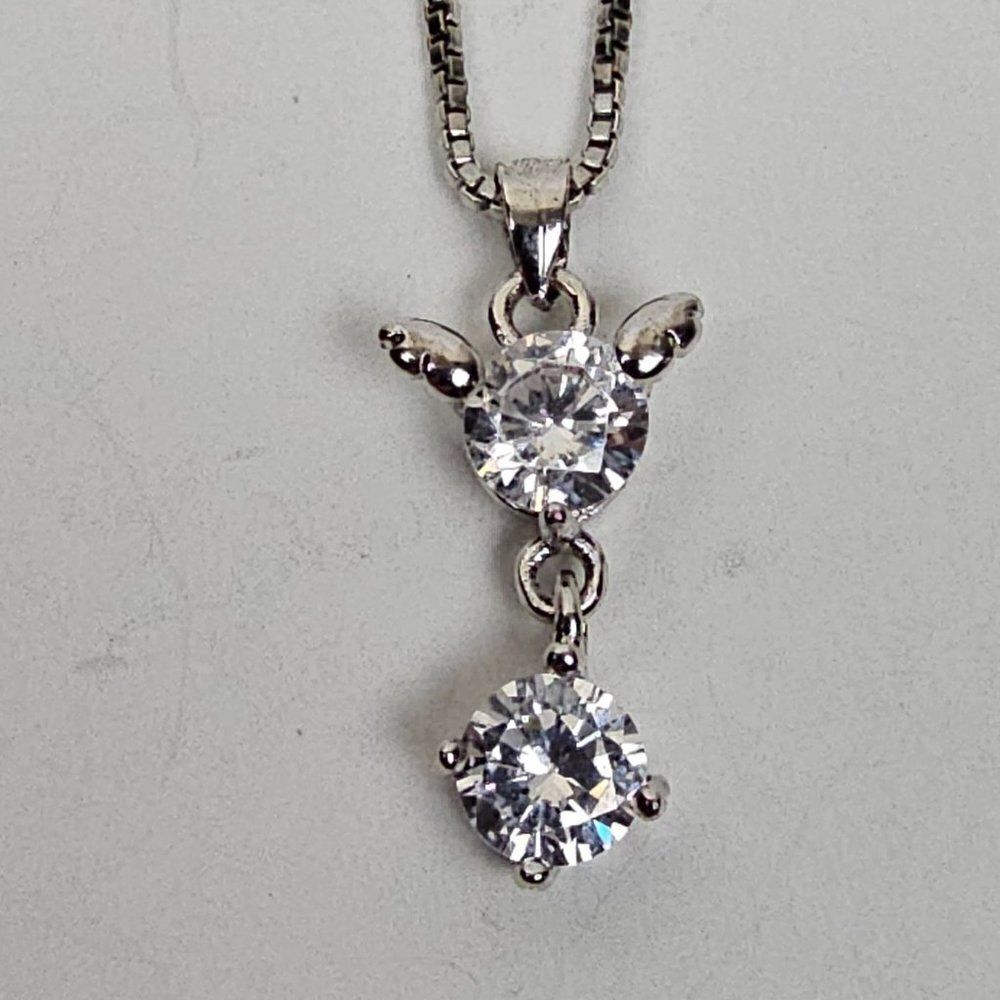 S 925 Sterling Silver Cubic‎ Zirconia Drop Pendant Box Chain Necklace Cat Mouse - Picture 6 of 15